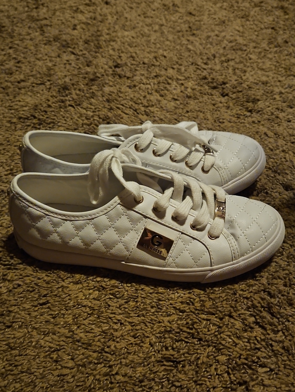 Guess White Quilted Lace-Up Sneakers with Gold Accents